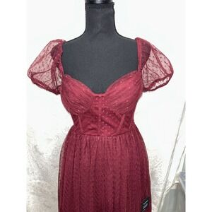 NWT Lulus Sweet Amor Tulle Swiss Dot Tiered Bustier Midi‎ Dress Size S Burgundy